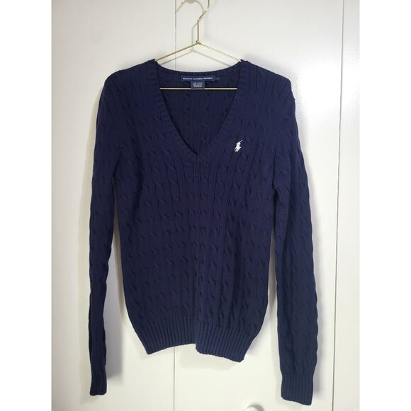 Ralph Lauren Sport Women's LG Navy Blue V Neck Cable Knit Sweater Tennis Preppy - Picture 2 of 6